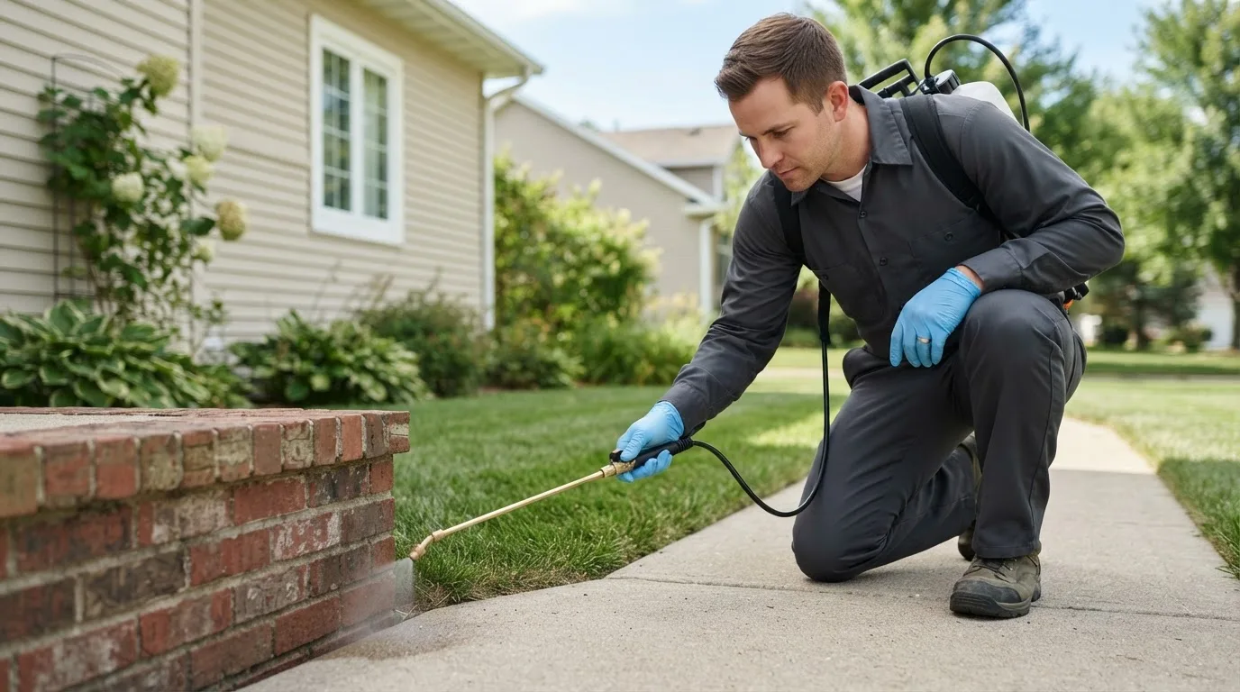 Pest control technician treating a home near Lamont, MI