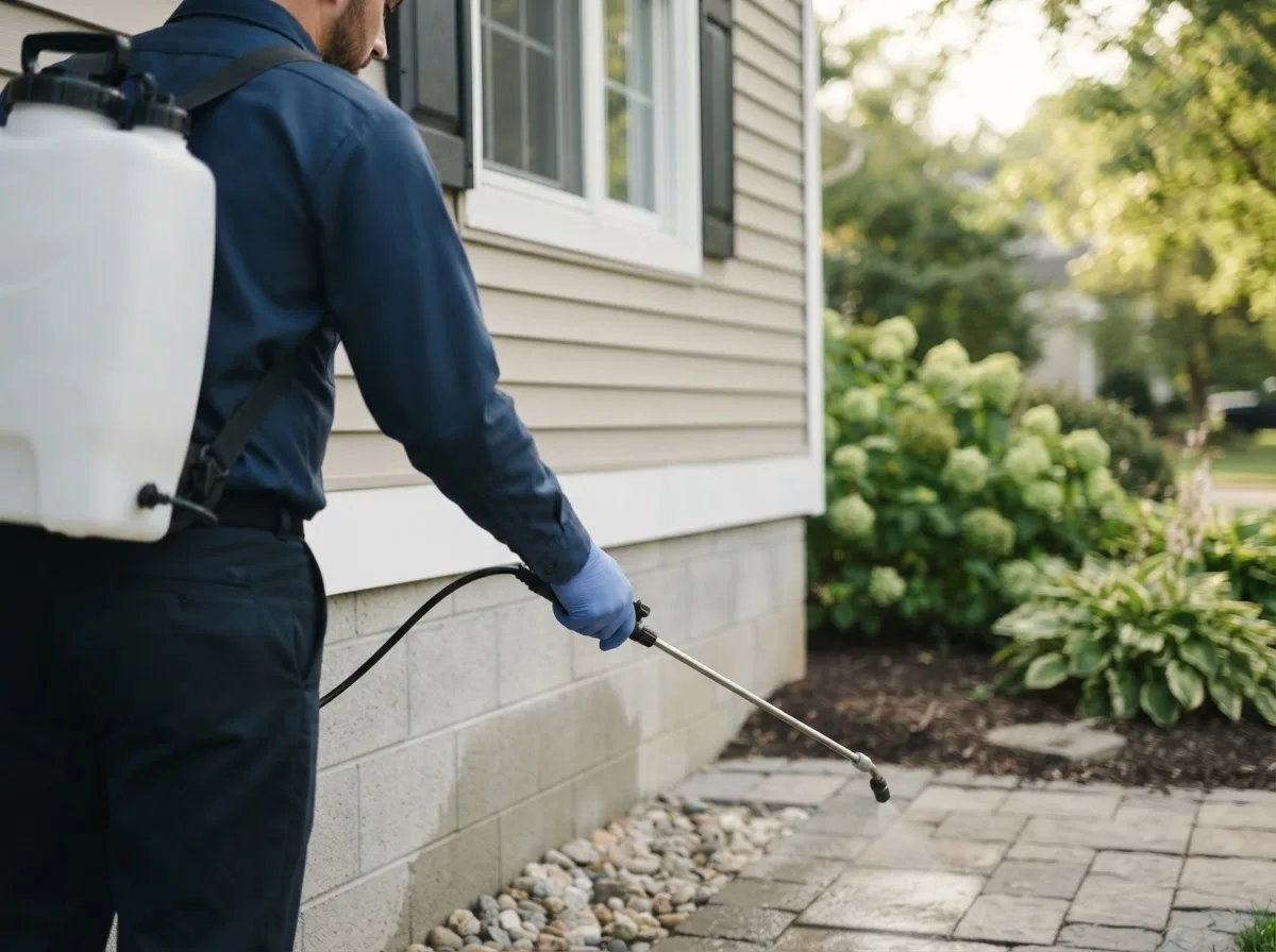 Pest control technician inspecting a home in Lamont, MI